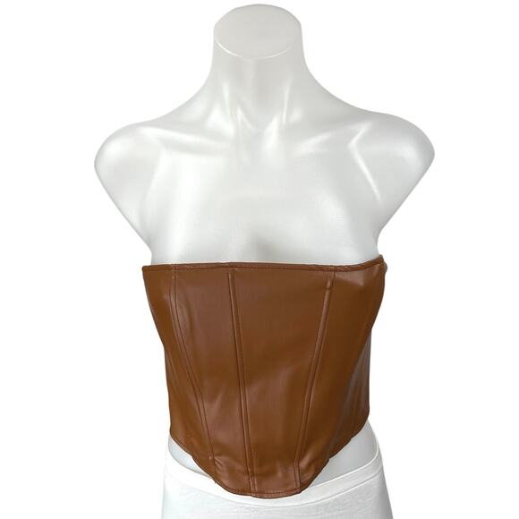 Zara Brown Faux Leather Vegan Strapless Tube Bustier Corset Crop Top Size S - Picture 1 of 8